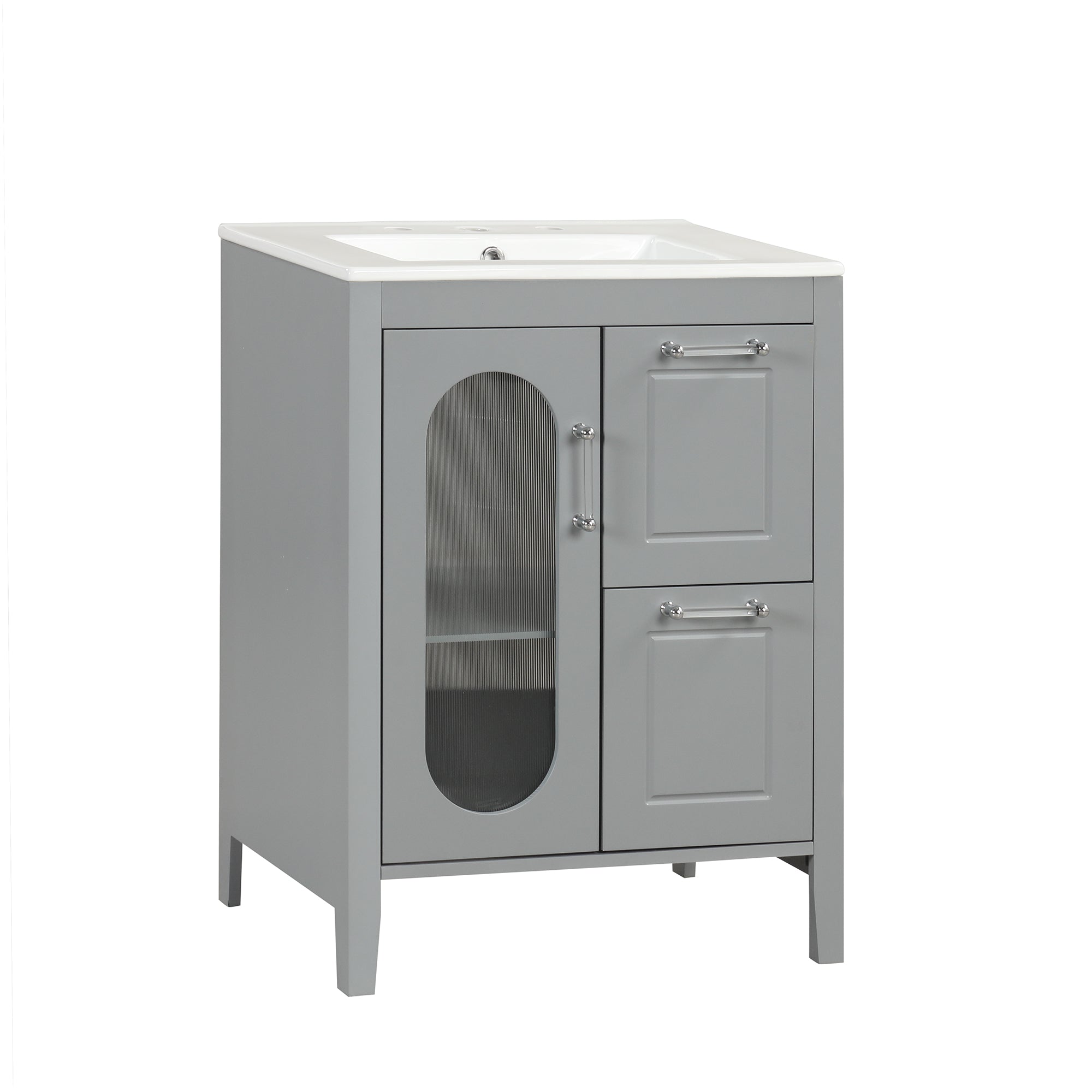 VanityFus 24-in Gray Bathroom Vanity Single Sink Combo Ceramic Top 1 Glass door 2 drawers Undermount Adjustable Shelves